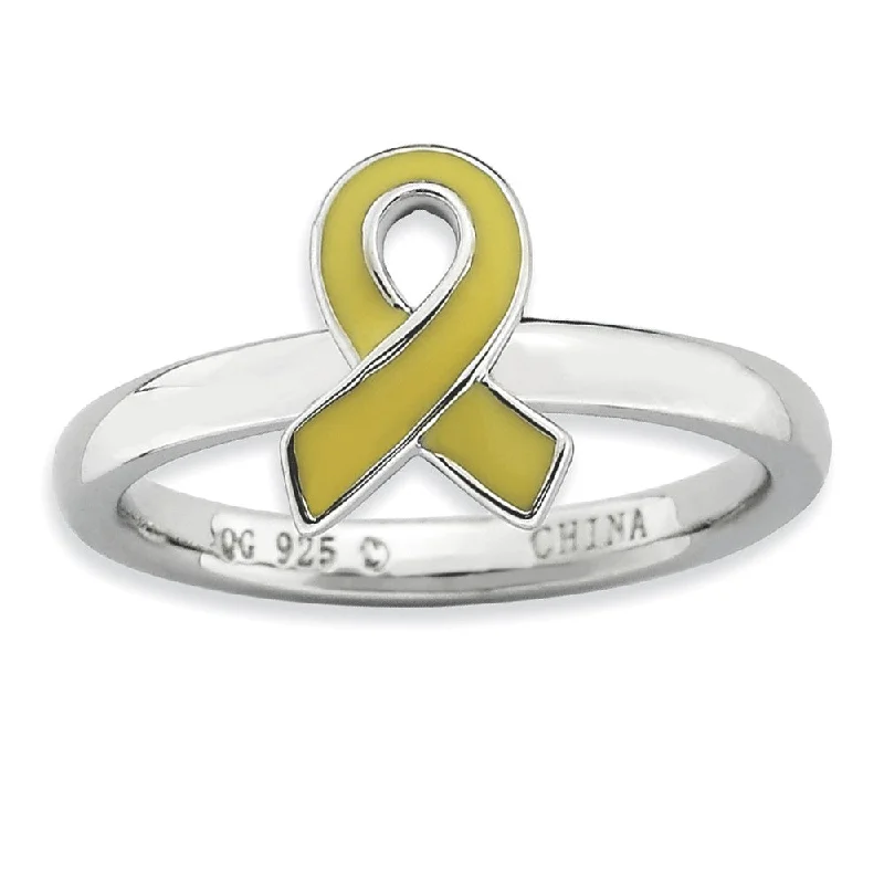 Ladies ring engraved names-Silver Stackable Yellow Enamel Awareness Ribbon Ring