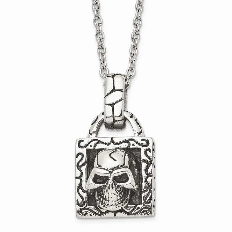 Ladies necklaces Valentine’s Day-Stainless Steel Polished and Antiqued Skull Necklace