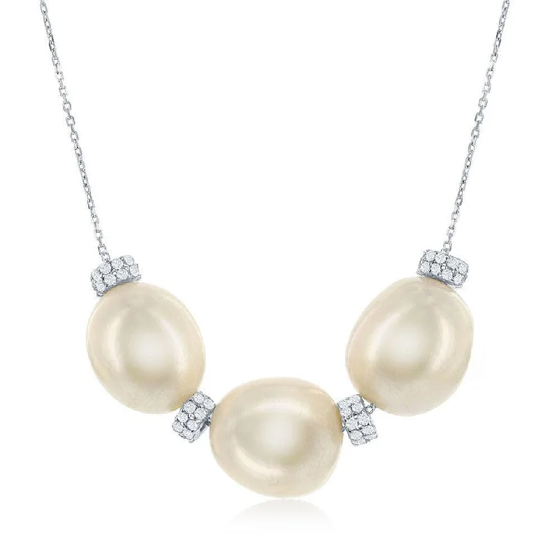 Ladies necklaces worldwide trends-Sterling Silver Three Fresh Water Pearl and CZ Necklace