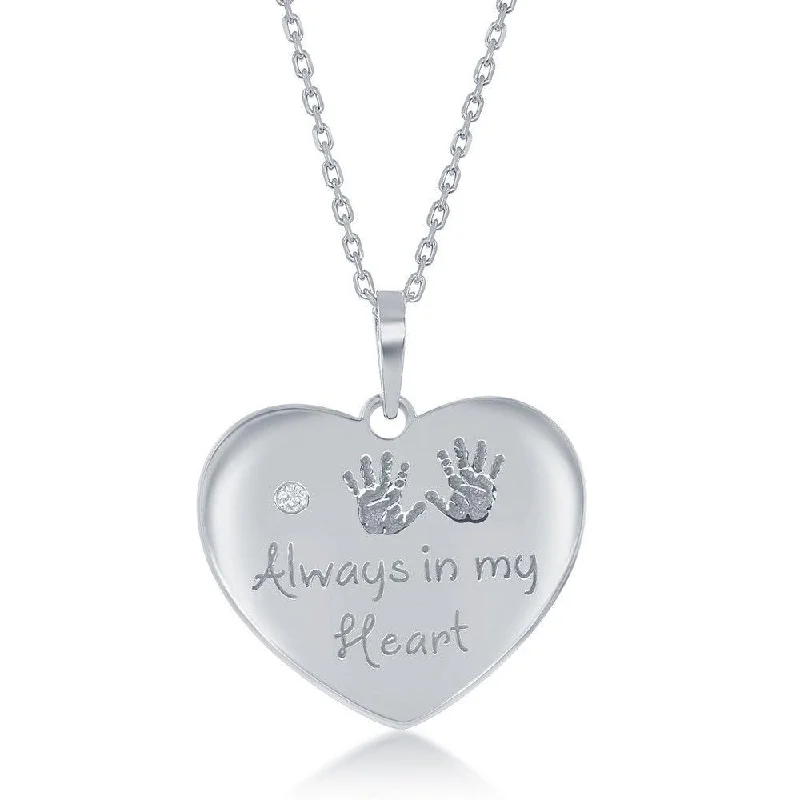 Ladies necklaces luxurious designs-Sterling Silver Engraved Hand Prints Always in my Heart Single CZ Heart Necklace