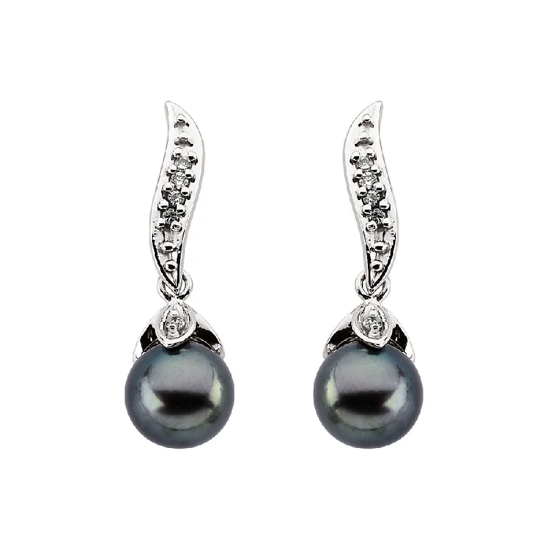 Ladies earrings animal themes-Black Akoya Cultured Pearl & Diamond Dangle Earrings in 14k White Gold