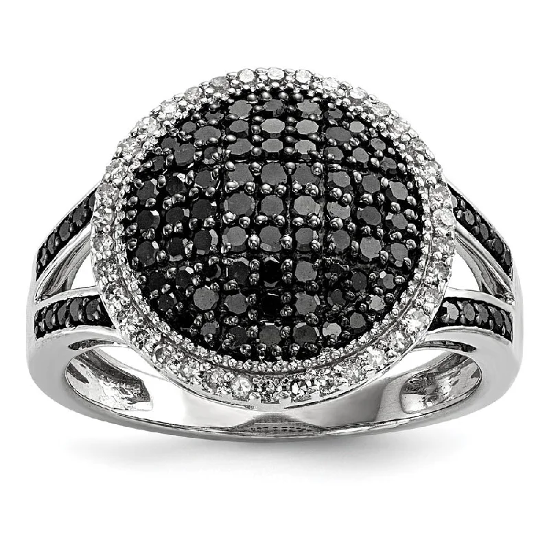 Ladies ring synthetic jewels-3/4 Ctw Black & White Diamond 15mm Round Ring in Sterling Silver