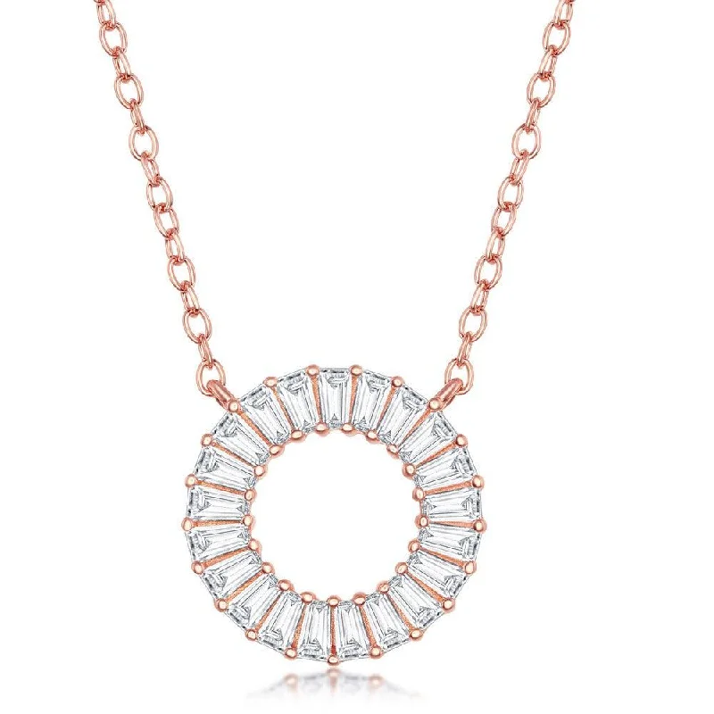 Ladies necklaces e-commerce sites-Sterling Silver Rose GP Baguette CZ Open Circle Necklace