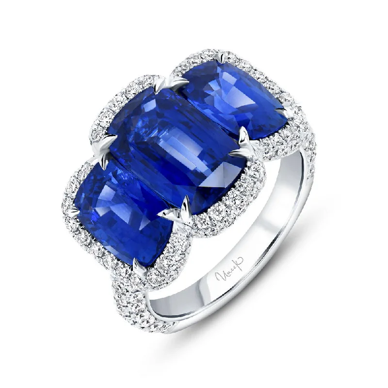 Ladies engagement rings personalized-Uneek Precious Collection Halo Cushion Cut Blue Sapphire Engagement Ring