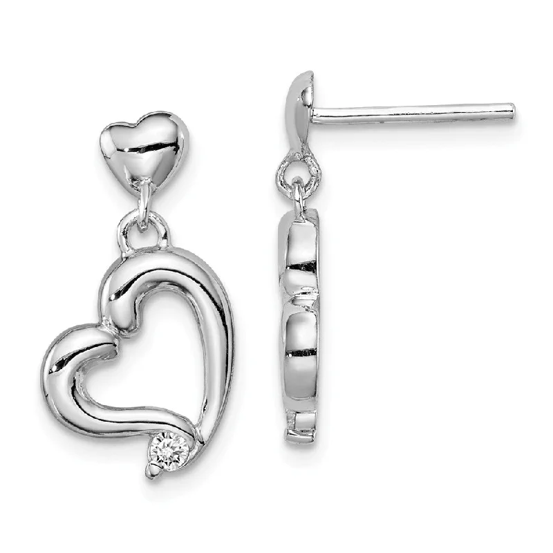 Ladies earrings personalized-Polished CZ Accent Heart Dangle Post Earrings in Sterling Silver