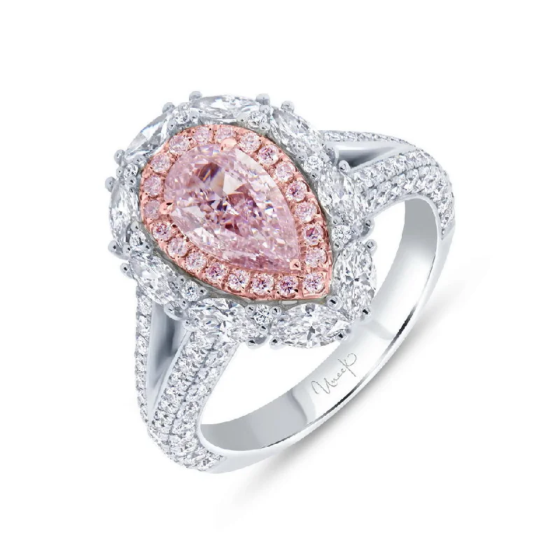 Ladies engagement rings three-stone-Uneek Natureal Collection Double-Halo Pear Shaped Light Pink Diamond Engagement Ring