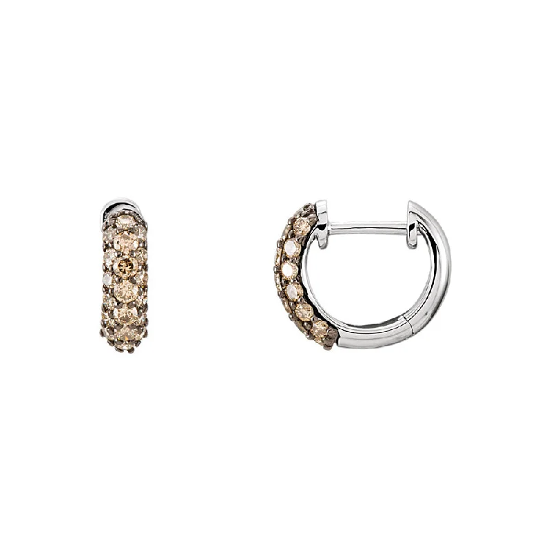 Ladies earrings dangle looks-10mm Brown Diamond Hinged Round Hoop Earrings in 14k White Gold