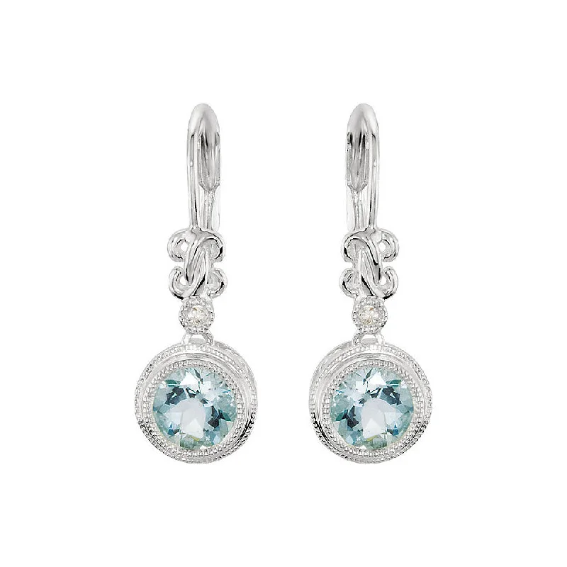 Ladies earrings lightweight feel-Round Aquamarine and Diamond Lever Back Earrings in 14k White Gold