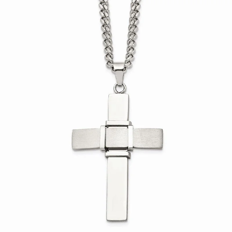 Ladies necklaces bohemian charm-Stainless Steel Polished and Brushed Cross Necklace