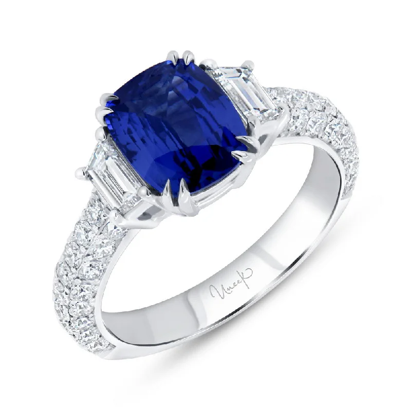 Ladies engagement rings proposal ideas-Uneek Precious Collection 3-Sided Cushion Cut Blue Sapphire Engagement Ring