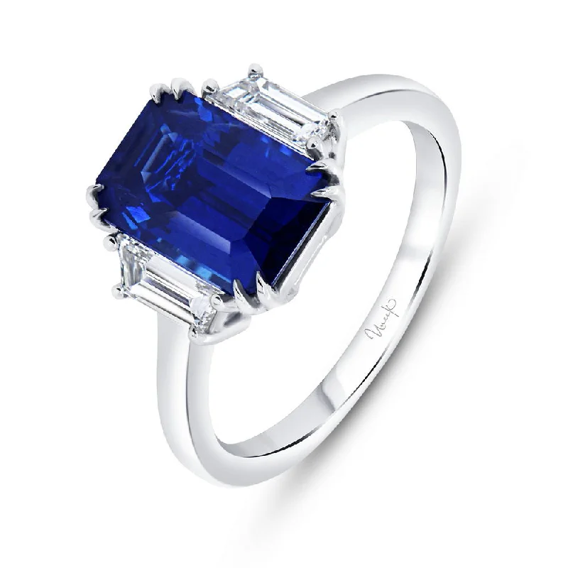 Ladies engagement rings proposal tips-Uneek Precious Collection Three-Stone Emerald Cut Blue Sapphire Engagement Ring