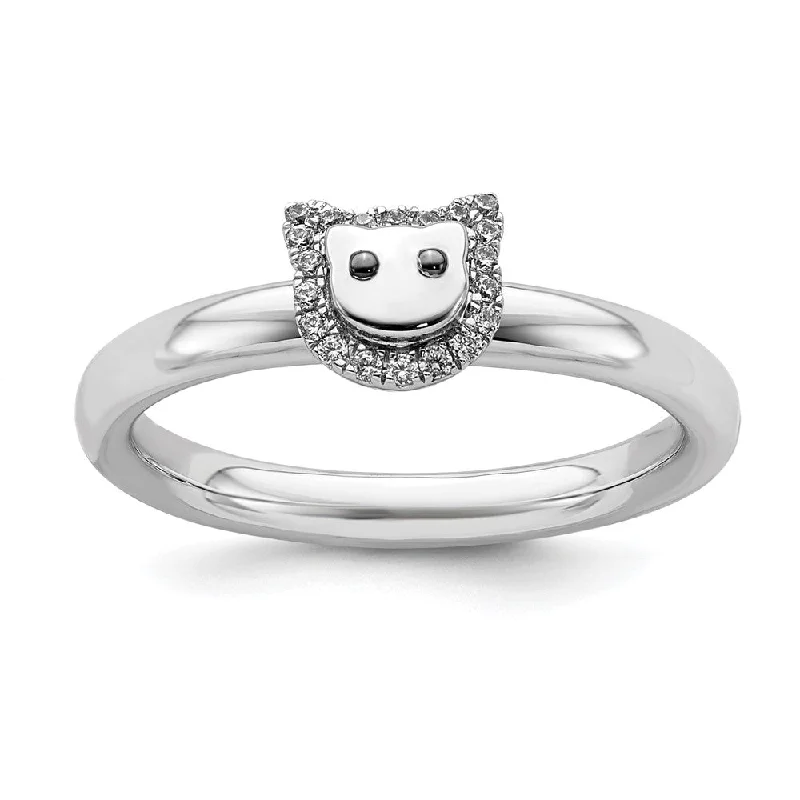 Ladies ring social media trends-Rhodium Plated Sterling Silver & Diamond Stackable Cat Ring