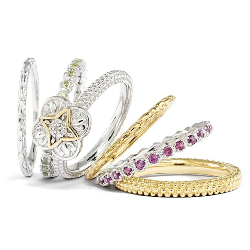 Ladies ring hollow patterns-Sterling Silver & 14K Gold Plated Diamond Ornate Stackable Ring Set