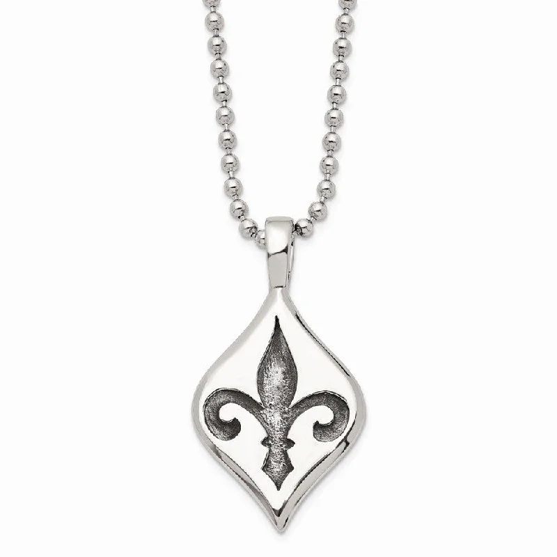 Ladies necklaces friendship tokens-Stainless Steel Antiqued & Polished Fleur de lis Necklace