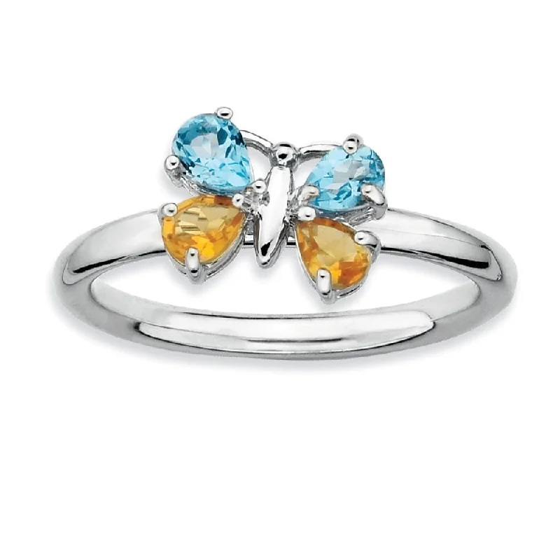 Ladies ring gift options-Silver Stackable Blue Topaz and Citrine Gemstone Butterfly Ring