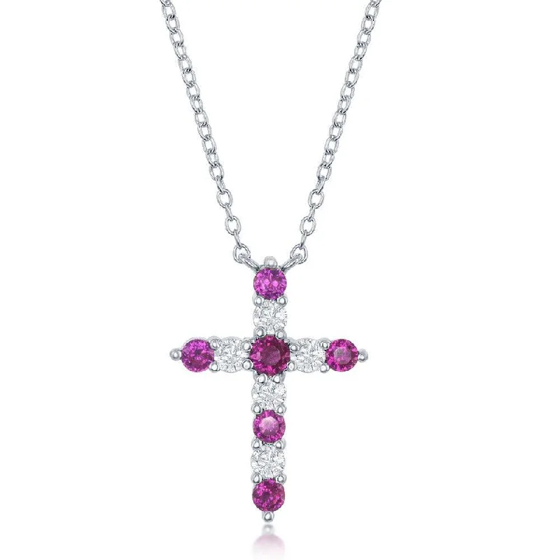 Ladies necklaces viral picks-Sterling Silver Ruby CZ July Birthstone Cross Necklace