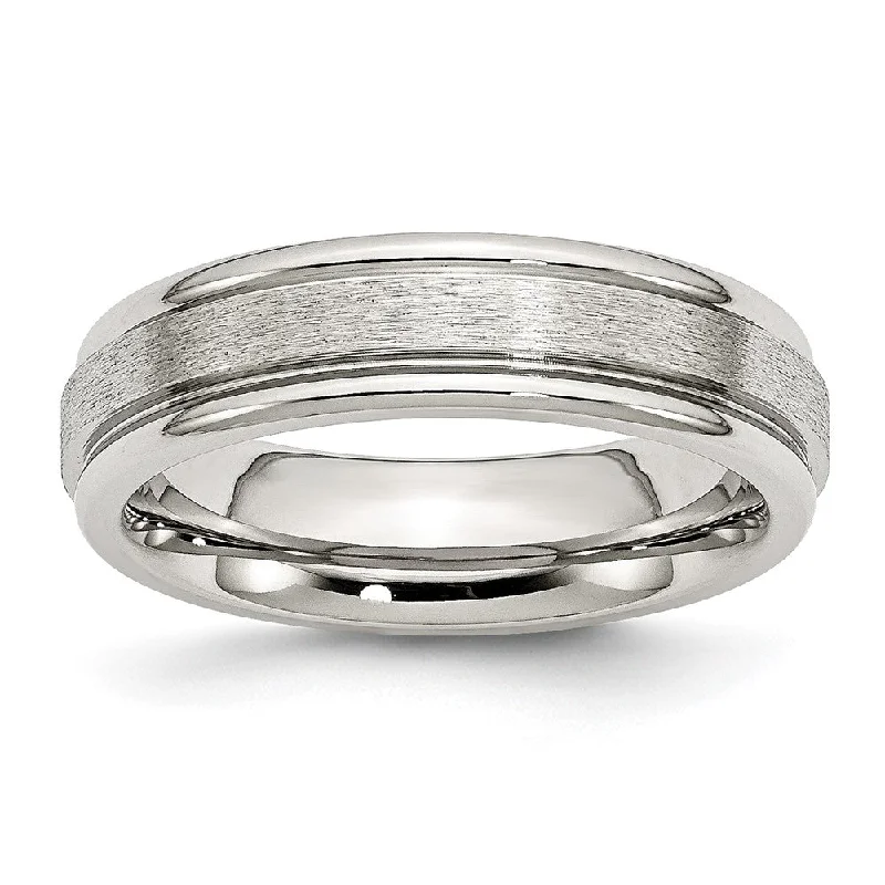 Ladies ring sister sets-6mm Stainless Steel Brushed Center Polished Grooved Edge Band