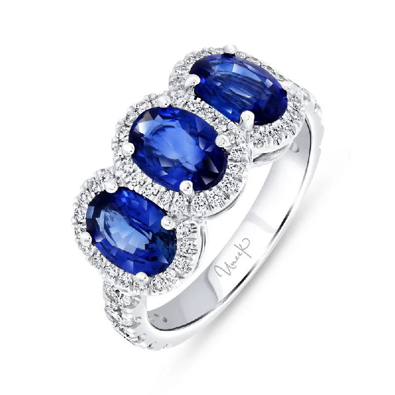 Ladies engagement rings social media trends-Uneek Precious Collection 3-Stone-Halo Oval Shaped Blue Sapphire Engagement Ring