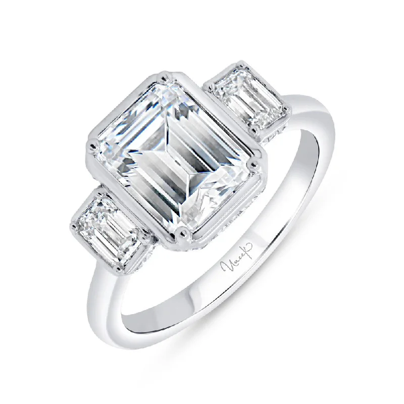 Ladies engagement rings geometric patterns-Uneek Alexandria Collection Three-Stone Emerald Cut Engagement Ring