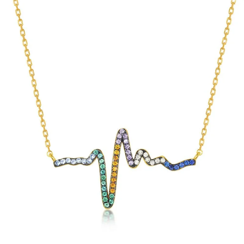 Ladies necklaces handmade crafts-Sterling Silver Gold Plated Rainbow CZ Heartbeat Necklace