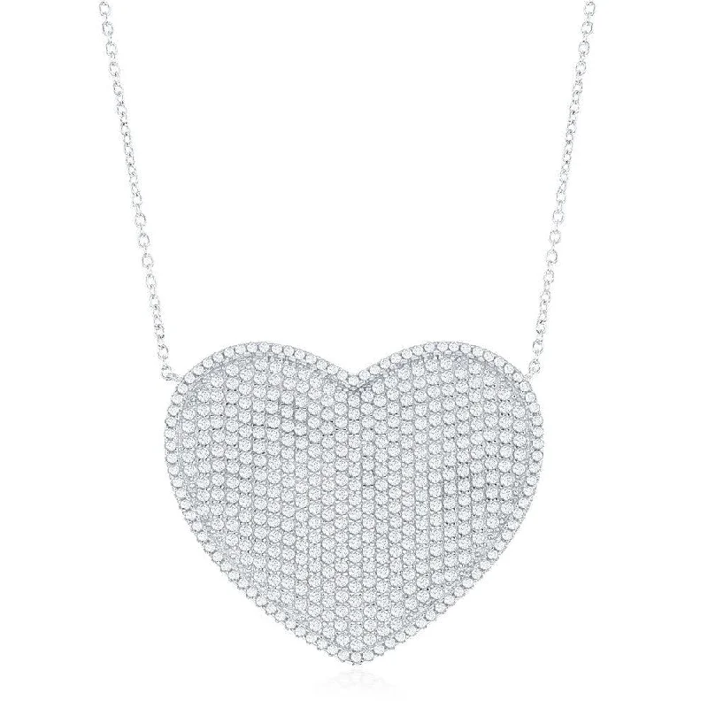 Ladies necklaces casual vibes-Sterling Silver Large Micro Pave Heart CZ Necklace