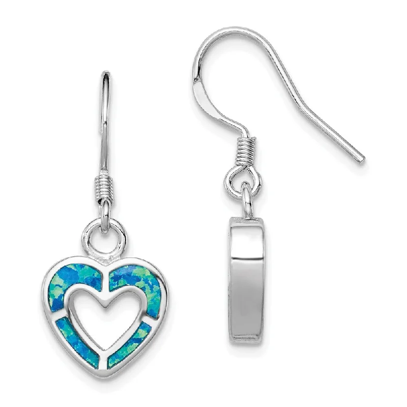 Ladies earrings group designs-10mm Blue Inlay Created Opal Heart Dangle Earrings in Sterling Silver