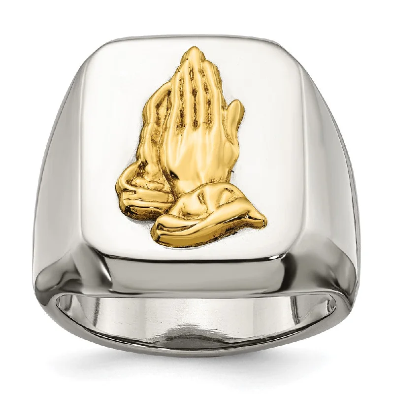 Ladies ring social media trends-Men's 20mm Stainless Steel w/14K Gold Accent Praying Hands Ring