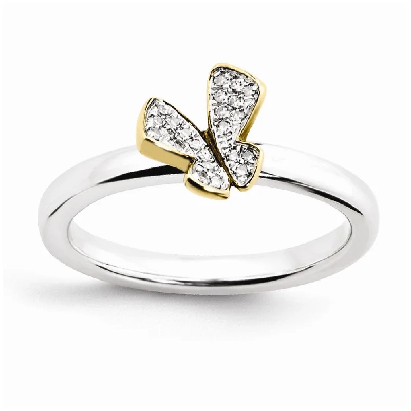 Ladies ring casual vibes-Sterling Silver/Gold Tone .06ctw Diamond 8mm Butterfly Stackable Ring