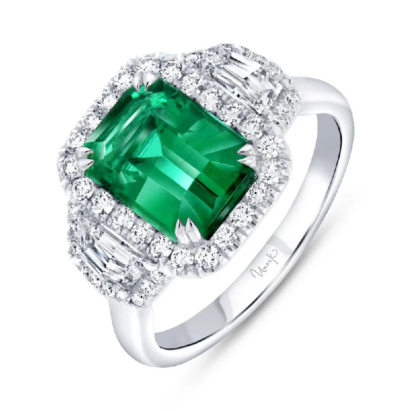 Ladies engagement rings anniversary upgrades-Uneek Precious Collection 3-Stone-Halo Emerald Cut Emerald Engagement Ring