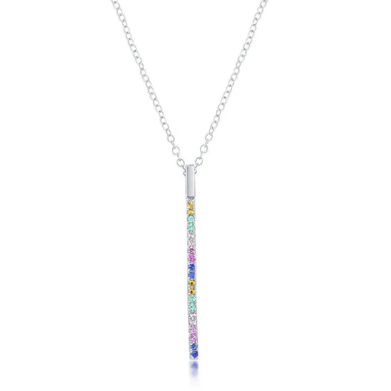 Ladies necklaces gift ideas-Sterling Silver Rainbow Cubic Zirconia Vertical Bar Necklace