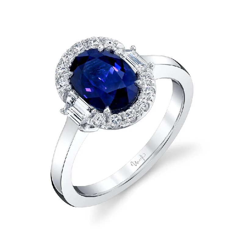 Ladies engagement rings floral motifs-Uneek Precious Collection Halo Oval Shaped Blue Sapphire Engagement Ring