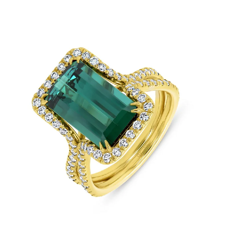 Ladies engagement rings dream styles-Uneek Precious Collection Split-Shank Emerald Cut Green Tourmaline Engagement Ring