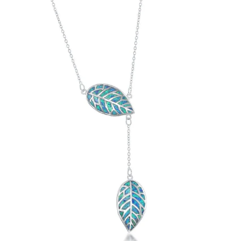 Ladies necklaces cute looks-Sterling Silver Blue Opal Leaf with Hanging Leaf Lariat Necklace