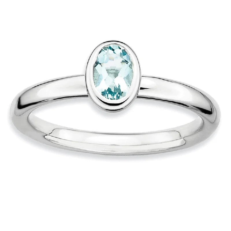 Ladies ring jade details-Silver Stackable Oval Aquamarine Solitaire Ring