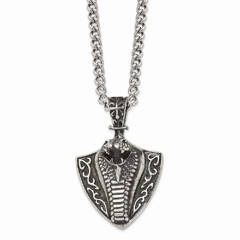 Ladies necklaces Christmas styles-Stainless Steel Antiqued Snake on Shield 30in Necklace