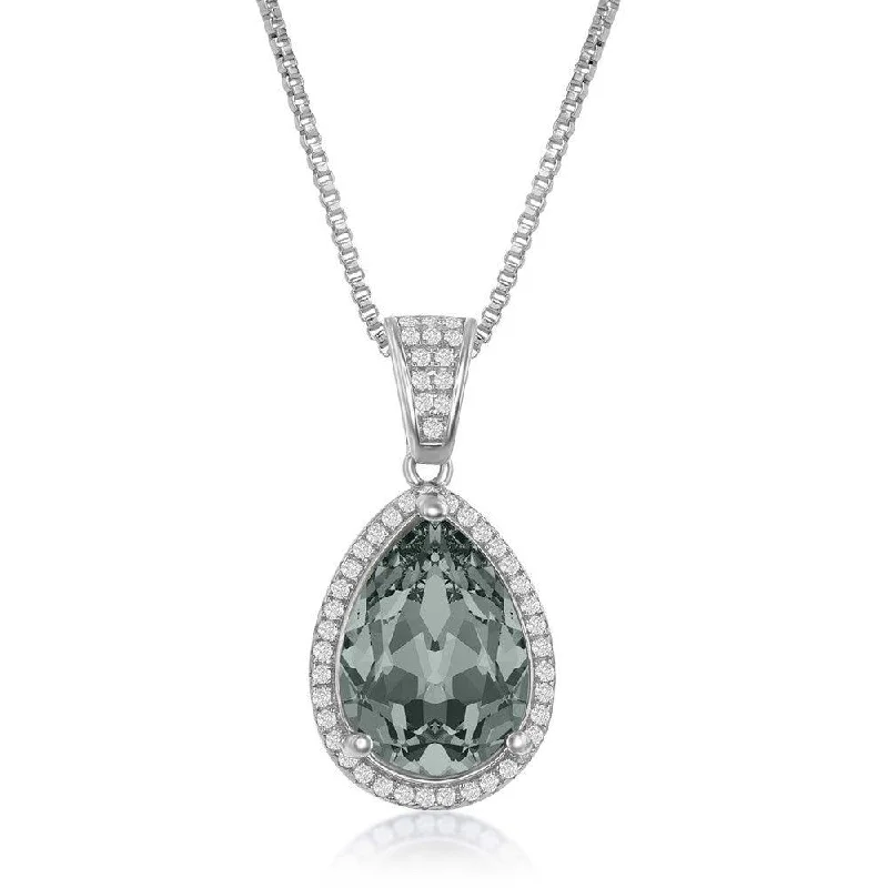 Ladies necklaces global brands-Sterling Silver CZ and 14x10mm Pearshaped Halo - Black Diamond Swarovski Element Necklace