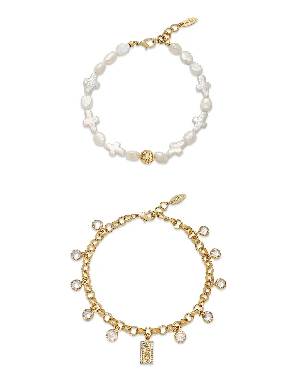 Ladies bracelets holiday gifts-Faithful Pearl and Chain Bracelet Set