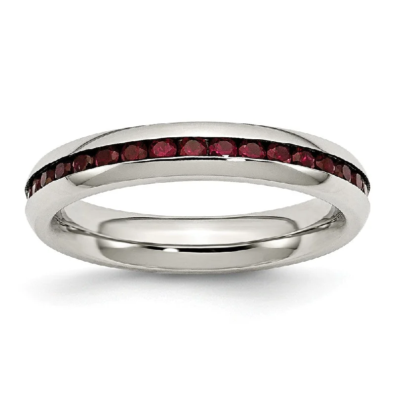 Ladies ring affordable picks-4mm Stainless Steel And Dark Red Cubic Zirconia Stackable Band