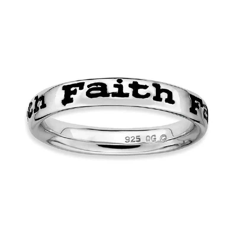 Ladies ring colorful gems-Sterling Silver and Black Enameled Stackable Faith Band