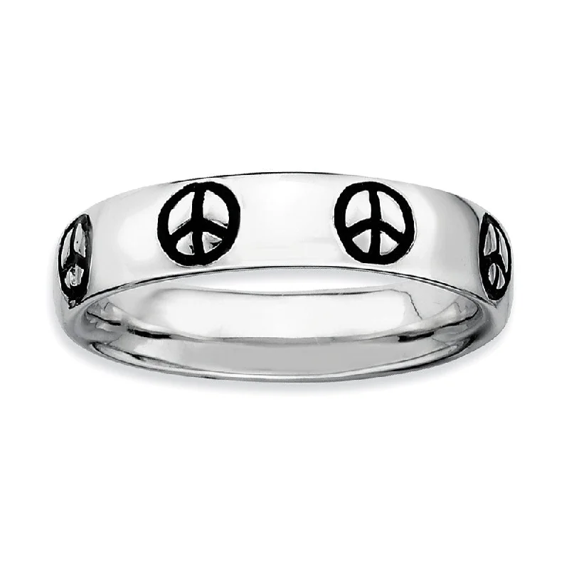 Ladies ring rose gold-Rhodium Plate Sterling Silver & Black Enamel Stackable Peace Sign Band