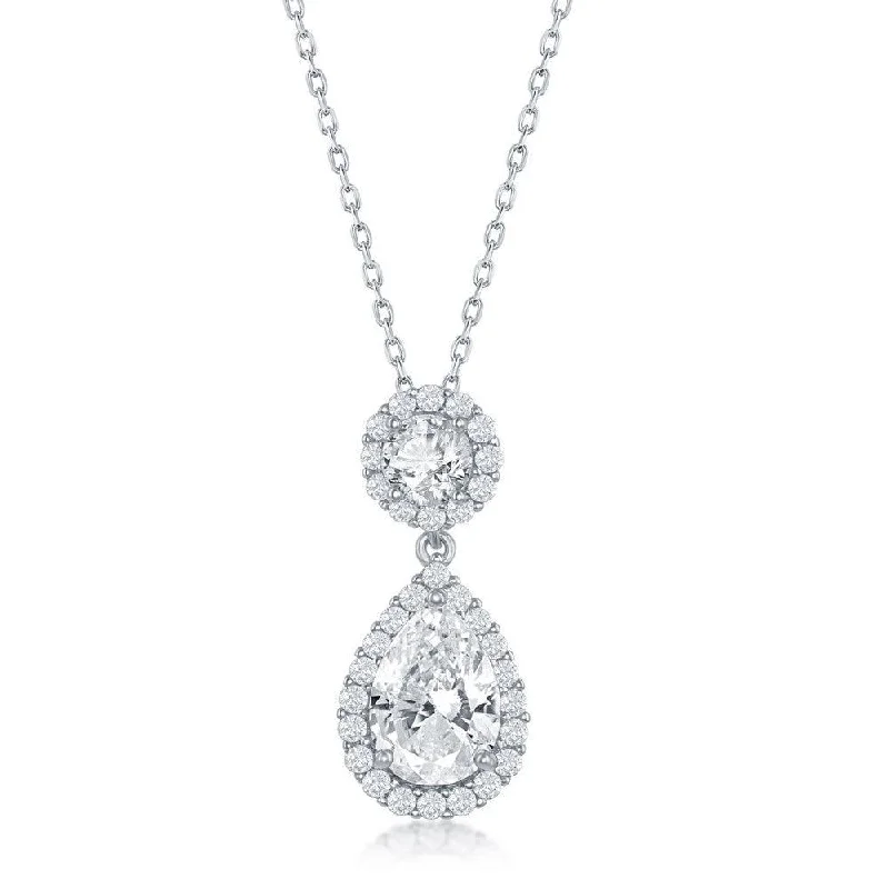 Ladies necklaces emotional keepsakes-Sterling Silver Round and Pear Shaped Cubic Zirconia Necklace