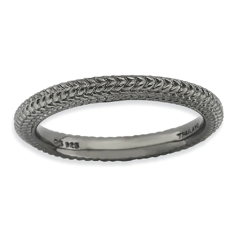 Ladies ring office looks-Stackable Black Ruthenium Plated Silver Domed Wheat Band