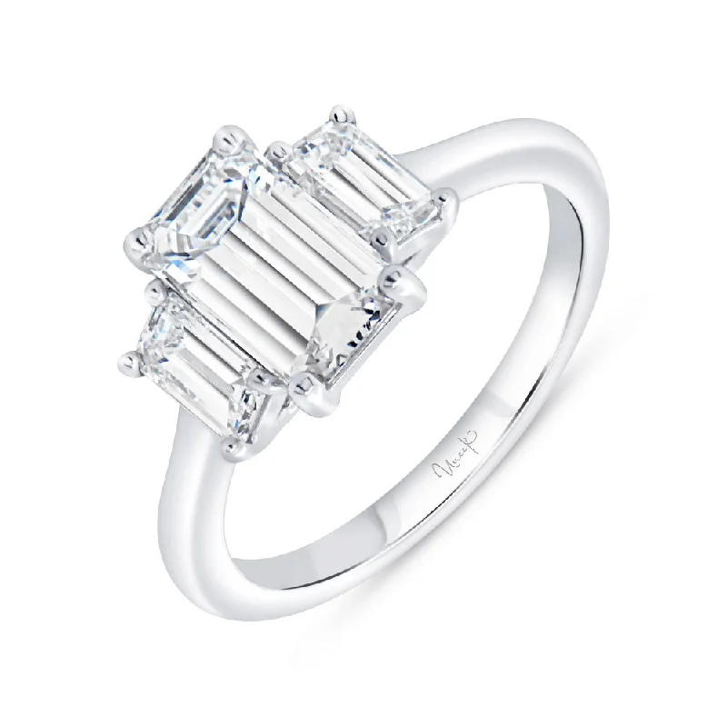 Ladies engagement rings solitaire stones-Uneek Signature Collection Three-Stone Emerald Cut Diamond Engagement Ring