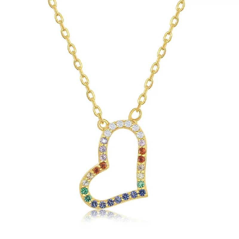 Ladies necklaces youthful designs-Sterling Silver Gold Plated Rainbow CZ Sideways Heart Necklace