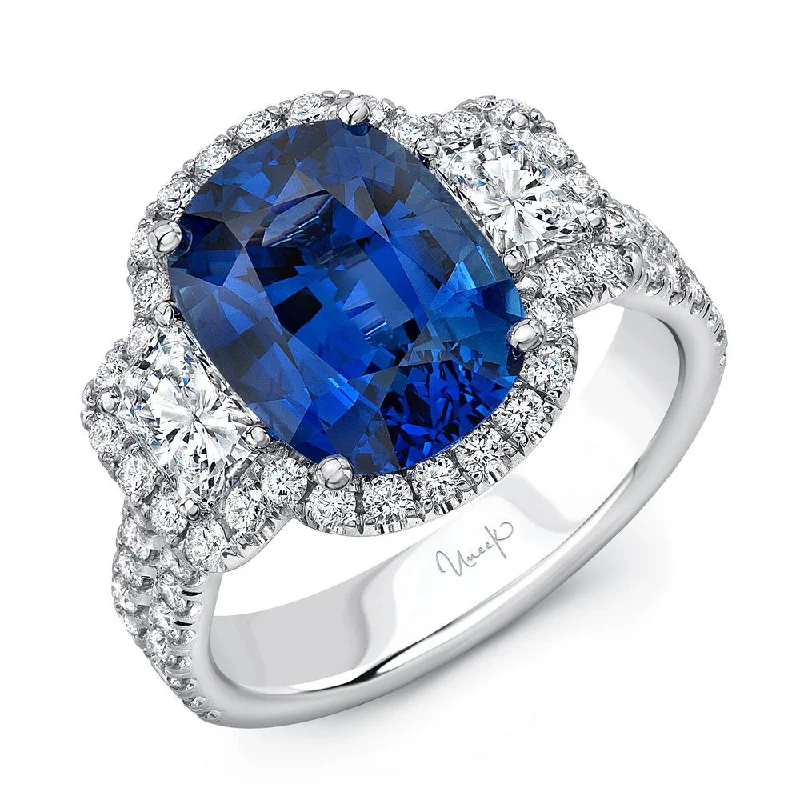 Ladies engagement rings gothic charm-Uneek Precious Collection 3-Stone-Halo Cushion Cut Blue Sapphire Engagement Ring