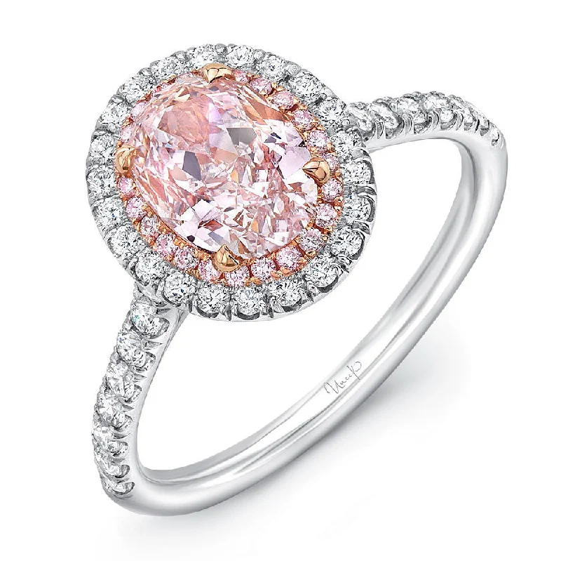 Ladies engagement rings modern flair-Uneek Oval Pink Diamond Engagement Ring with Pink Diamond Inner Halo and White Diamond Outer Halo