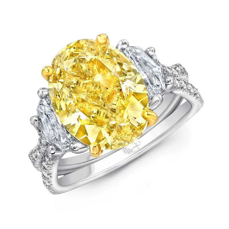 Ladies engagement rings eco-friendly-Uneek Natureal Collection Three-Stone Oval Shaped Yellow Diamond Engagement Ring