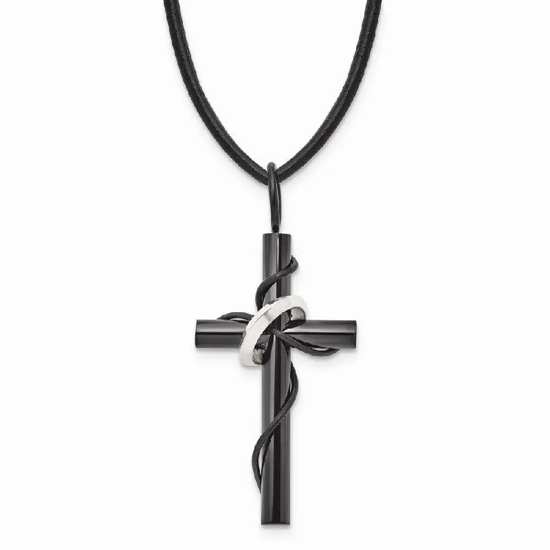 Ladies necklaces Asian-inspired-Stainless Steel Polished Black IP-plating Cross Leather Cord Necklace