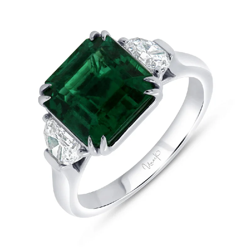 Ladies engagement rings vintage charm-Uneek Precious Collection Three-Stone Emerald Cut Emerald Engagement Ring