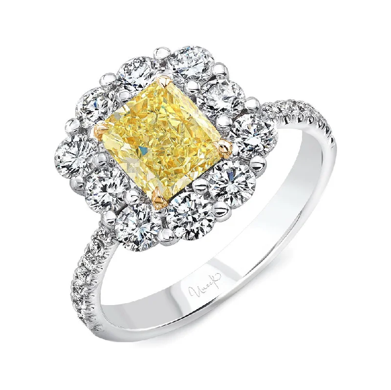 Ladies engagement rings social media trends-Uneek Radiant-Cut Yellow Diamond Engagement Ring with Floral-Inspired Shared-Prong Halo